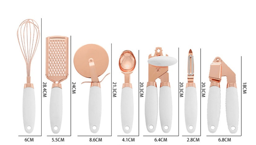 Rose Gold Kitchen Tool Set – 7 Piece Stainless Steel Utensils with Holder