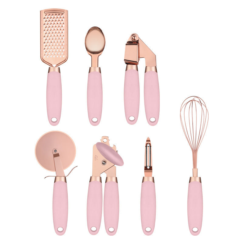 Rose Gold Kitchen Tool Set – 7 Piece Stainless Steel Utensils with Holder