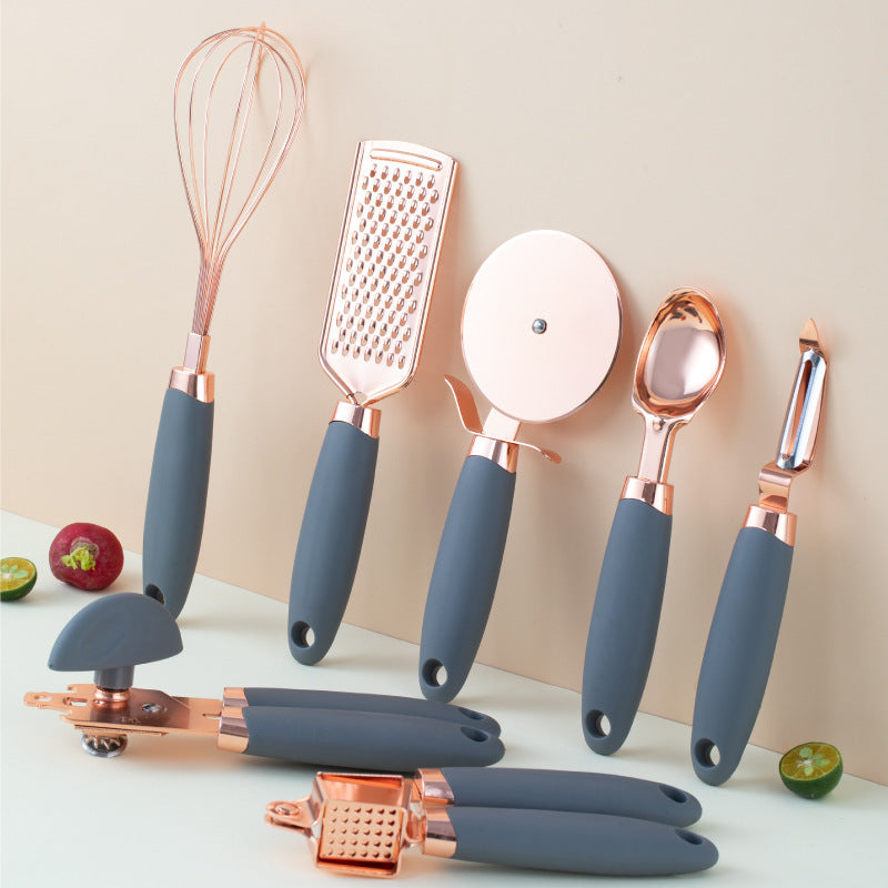Rose Gold Kitchen Tool Set – 7 Piece Stainless Steel Utensils with Holder
